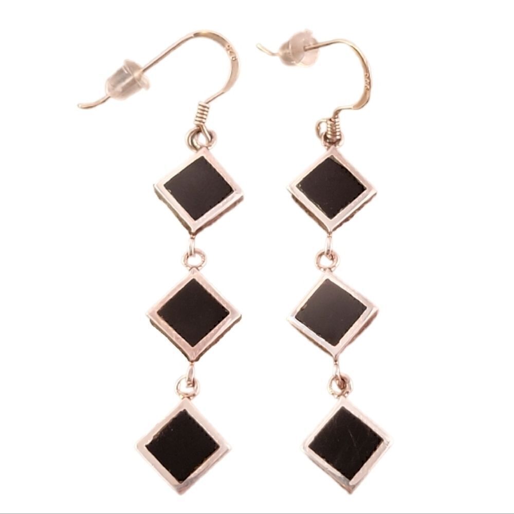 Sterling Silver Black Three Tier Onyx Dangle Drop Earring